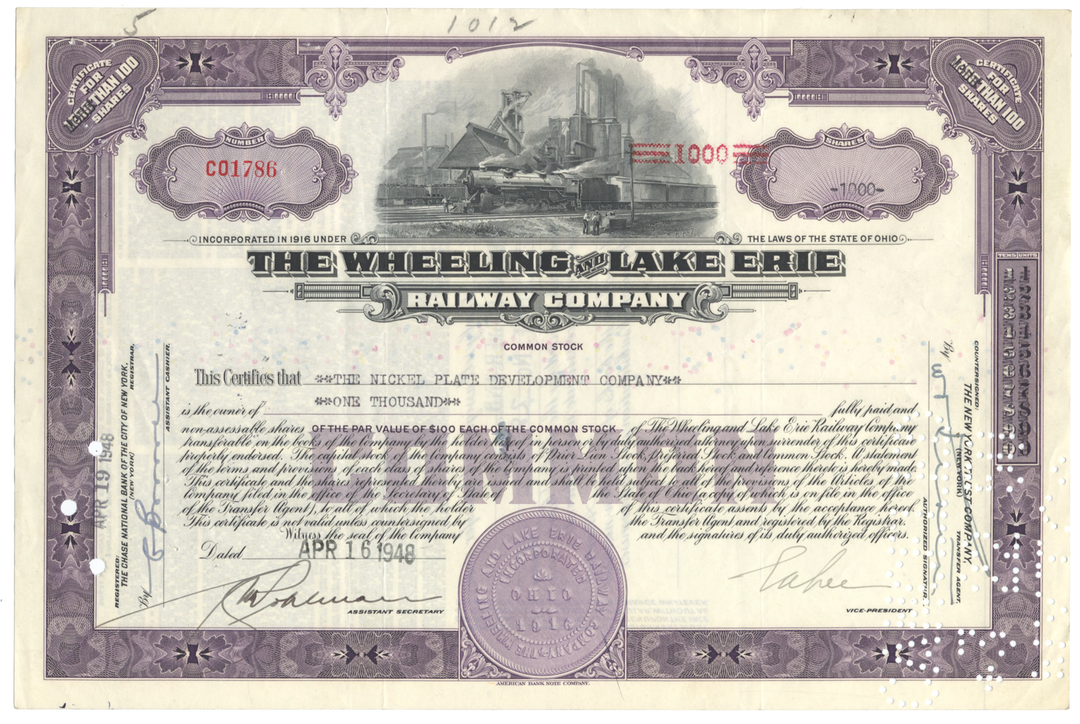 Wheeling and Lake Erie Railway Company Stock Certificate