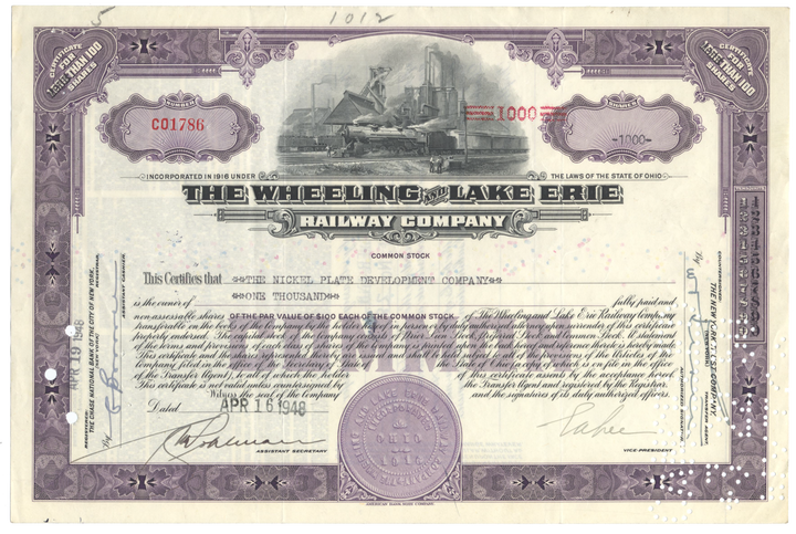 Wheeling and Lake Erie Railway Company Stock Certificate