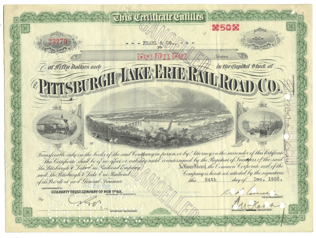 Pittsburgh & Lake Erie Railroad Company stock certificate with scenic illustration