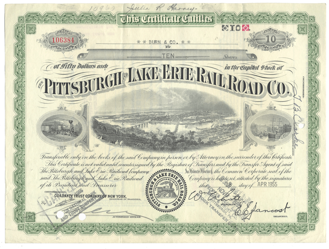 Historical stock certificate of the Pittsburgh & Lake Erie Railroad Co. from 1955