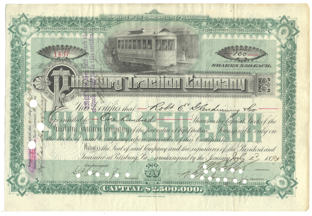 Stock certificate from the Pittsburgh Traction Company with tram illustration from 1895