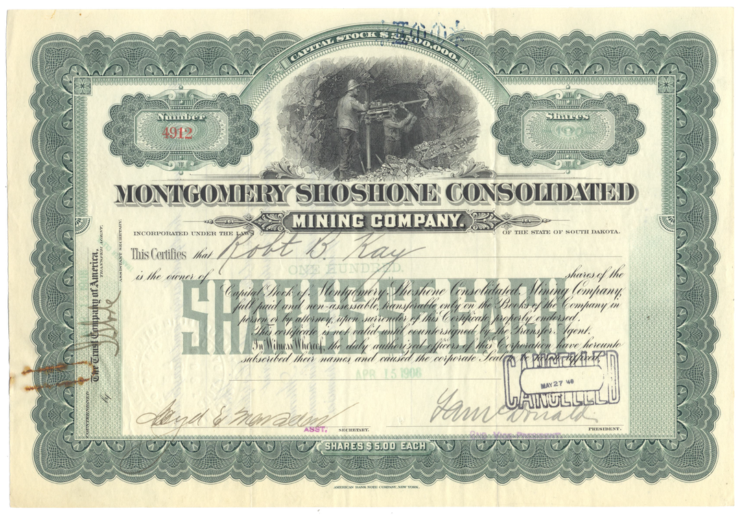 Montgomery Shoshone Consolidated Mining Company Stock Certificate