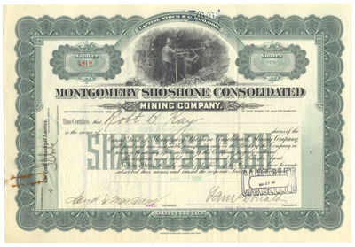 Montgomery Shoshone Consolidated Mining Company Stock Certificate