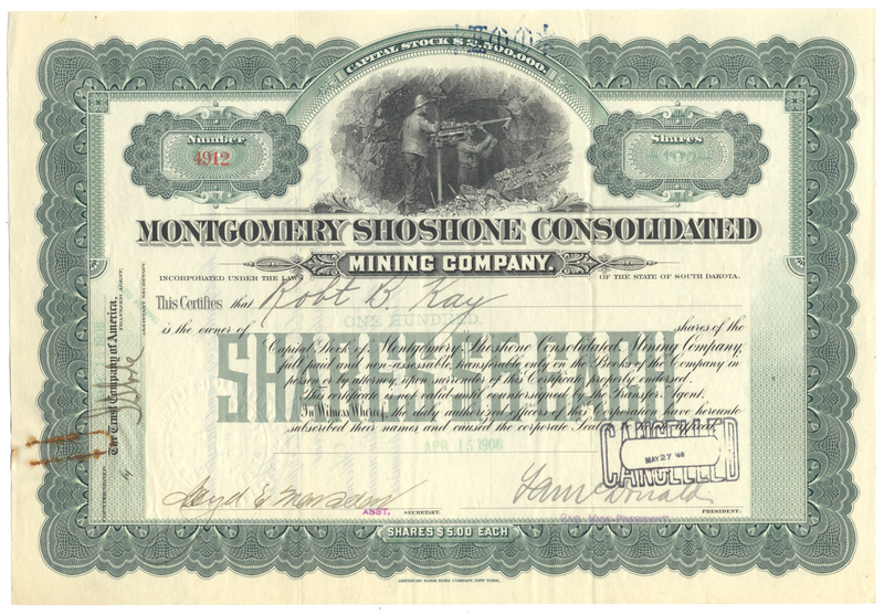 Montgomery Shoshone Consolidated Mining Company Stock Certificate