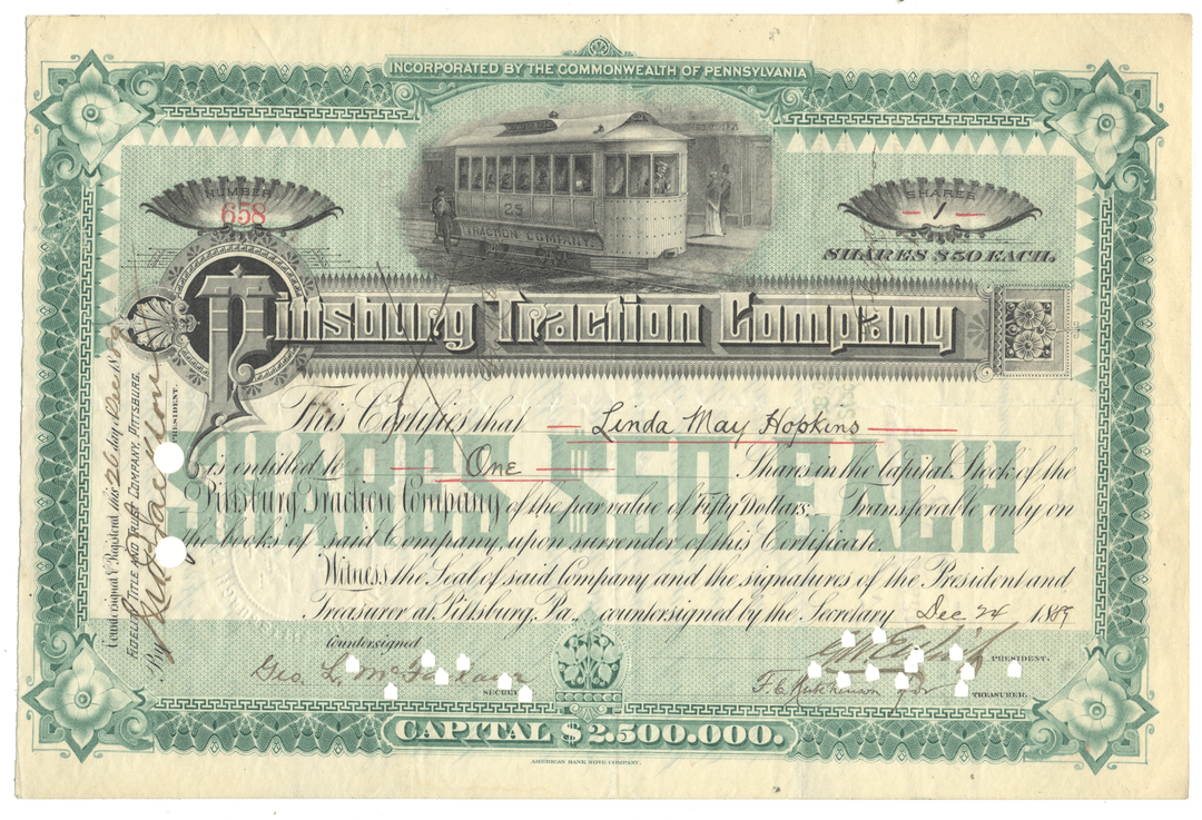 A vintage 1889 Pittsburg Traction Company stock certificate, featuring an illustration of a street car