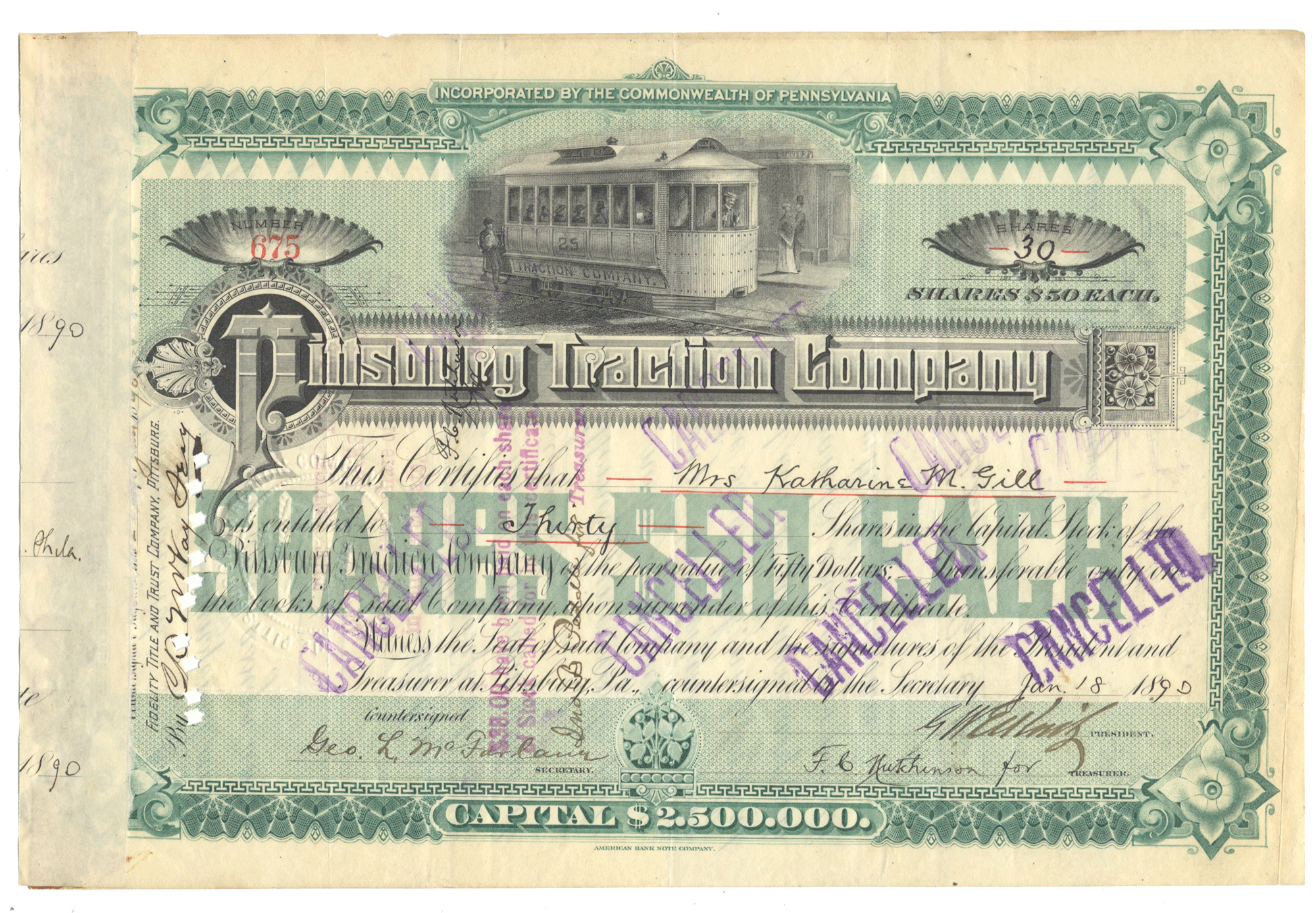 Historical stock certificate for the Pittsburgh Traction Company with tram illustration from 1895