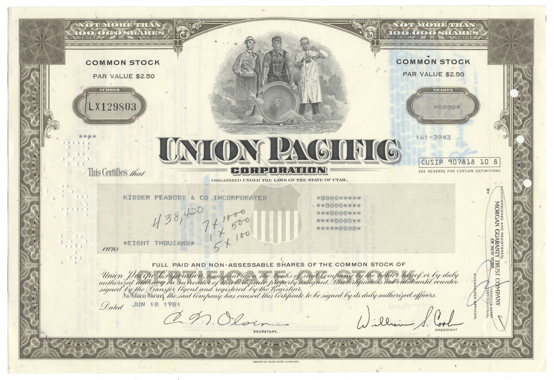 A vintage Union Pacific Corporation common stock certificate from 1981