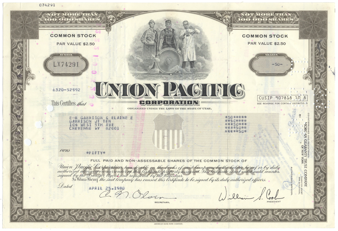 Union Pacific Corporation Stock Certificate