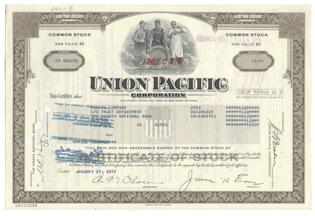 Union Pacific Corporation stock certificate from 1977 