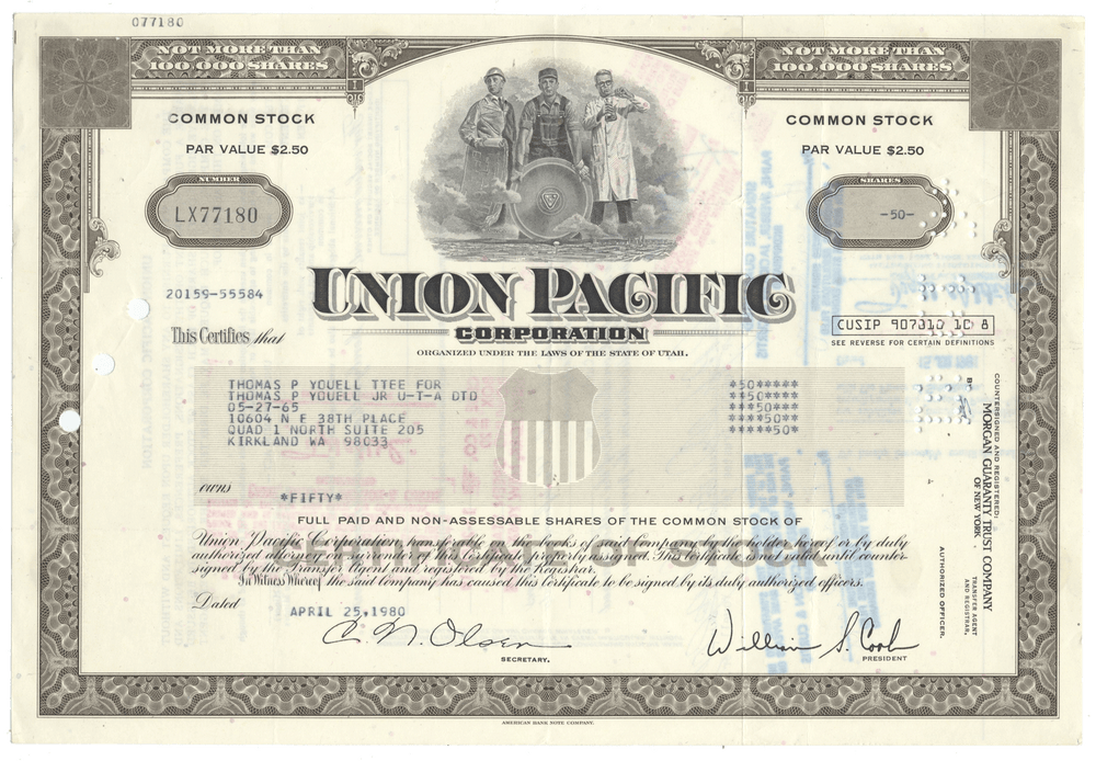 Union Pacific Corporation stock certificate with vintage design from 1980