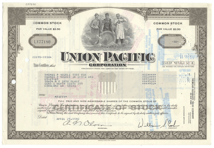 Union Pacific Corporation stock certificate with vintage design from 1980