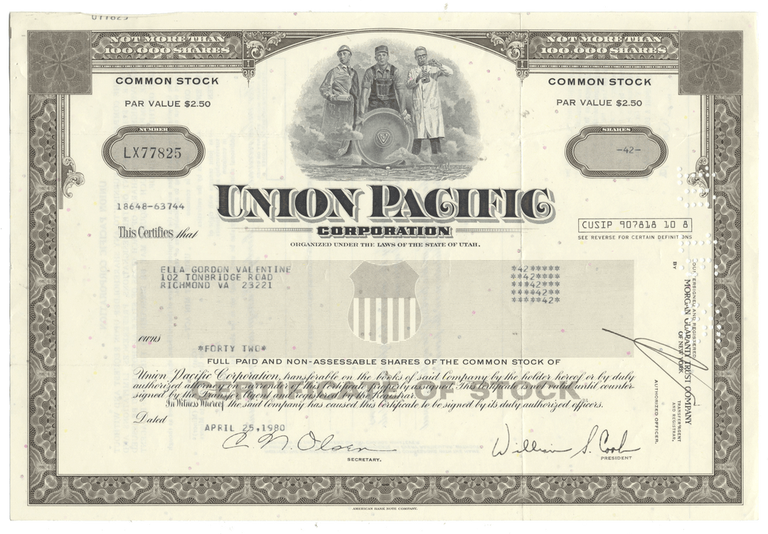 Union Pacific Corporation stock certificate with decorative elements and text.