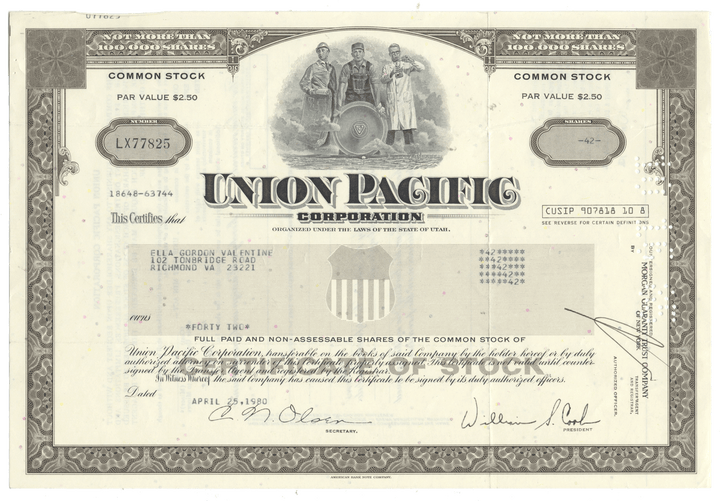 Union Pacific Corporation stock certificate with decorative elements and text.