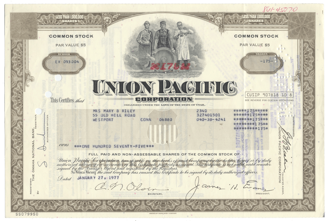Union Pacific Corporation stock certificate from 1977