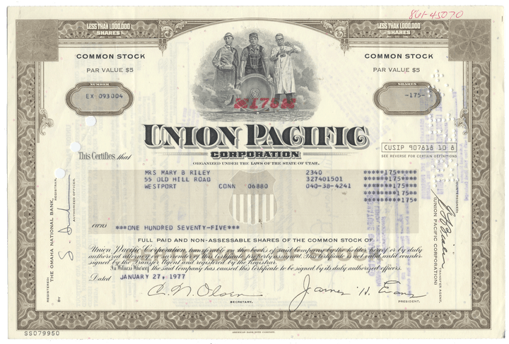 Union Pacific Corporation stock certificate from 1977