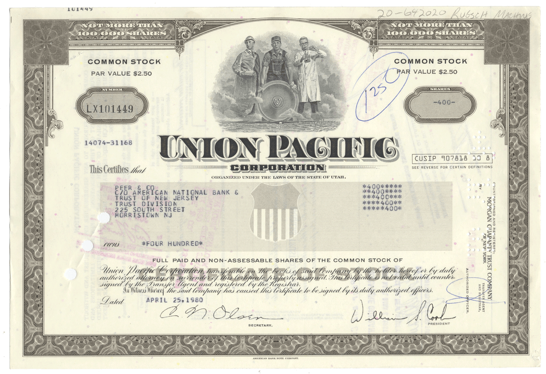 Union Pacific Corporation stock certificate with detailed design and text.