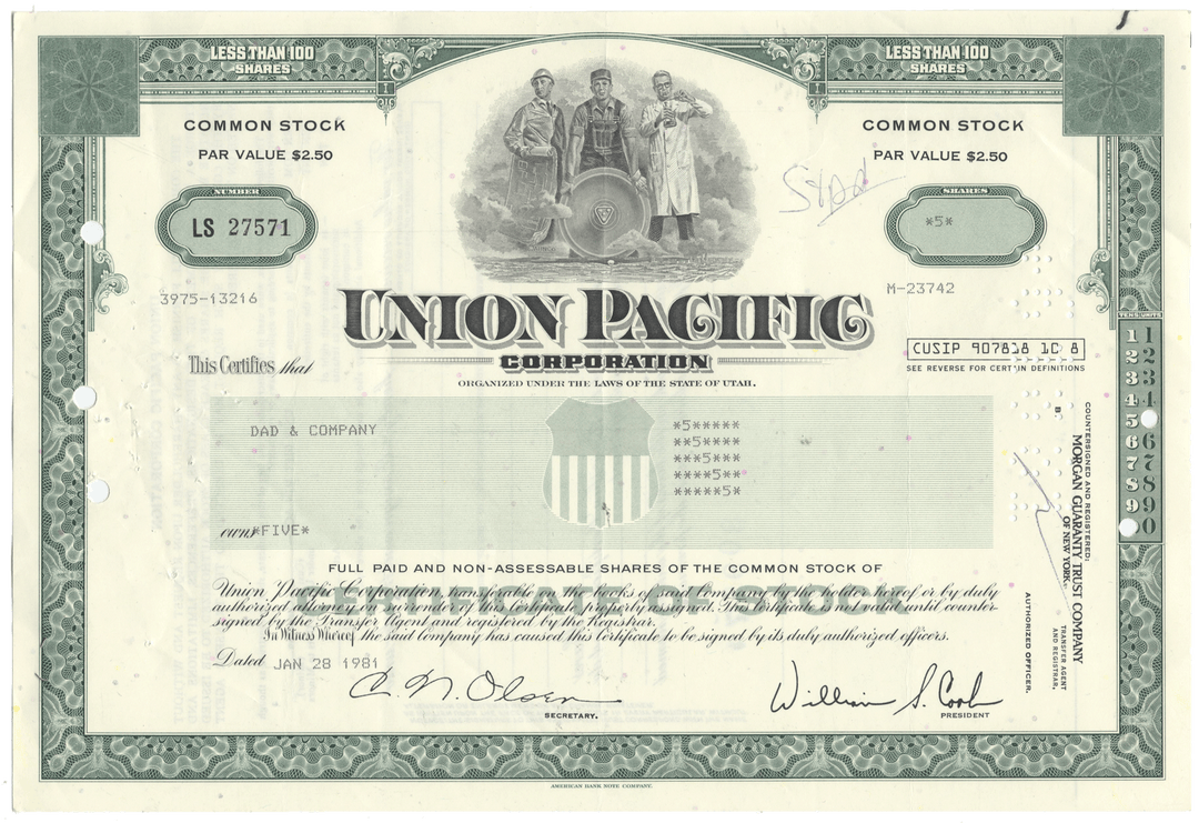 Union Pacific Corporation stock certificate with green border and text