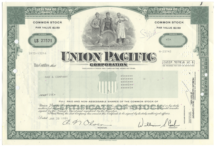 Union Pacific Corporation stock certificate with green border and text