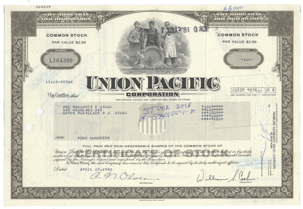 Union Pacific Corporation stock certificate 