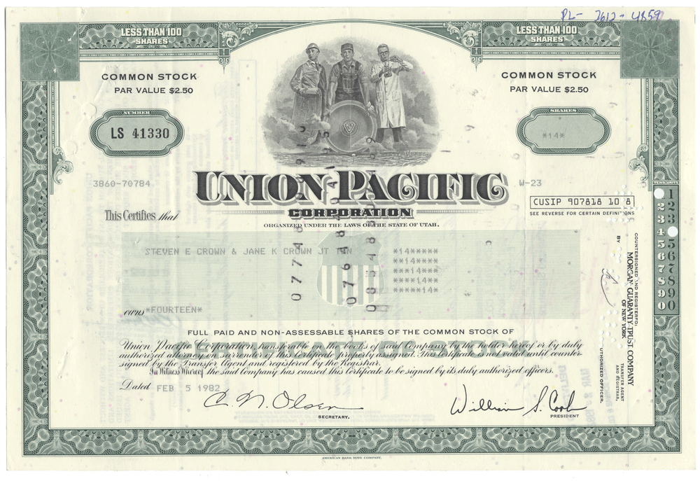 Union Pacific Corporation stock certificate with a green border and black text.