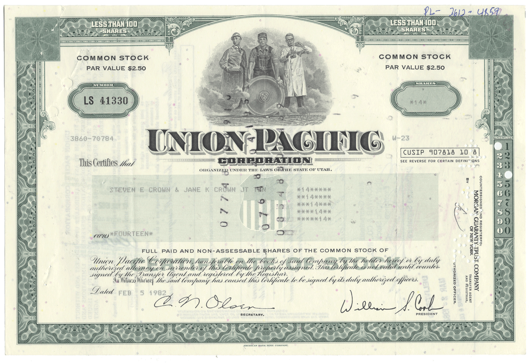 Union Pacific Corporation stock certificate with a green border and black text.