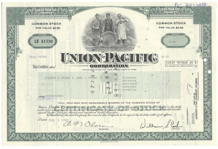 Union Pacific Corporation stock certificate with a green border and black text.