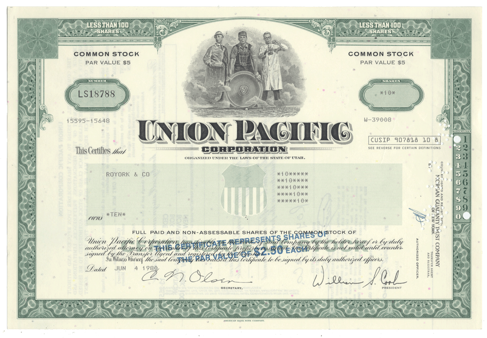 Union Pacific Corporation stock certificate from 1980
