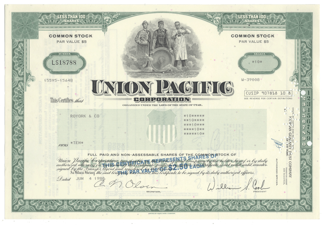 Union Pacific Corporation stock certificate from 1980