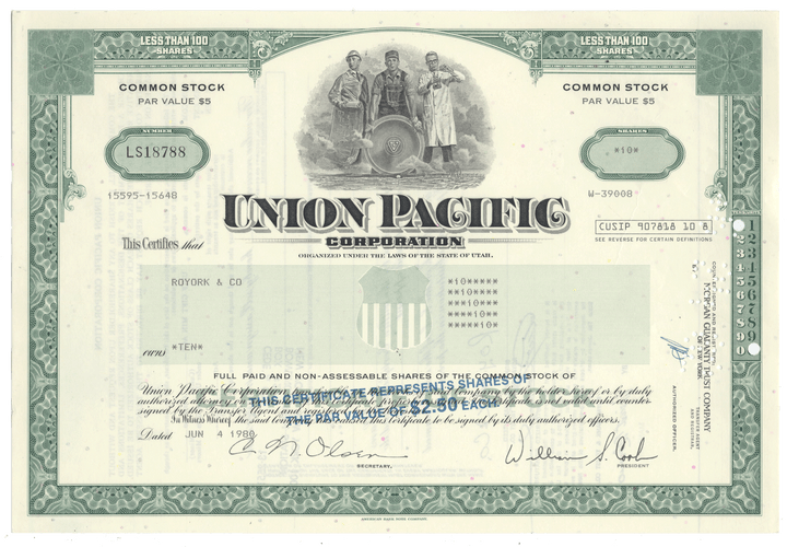 Union Pacific Corporation stock certificate from 1980