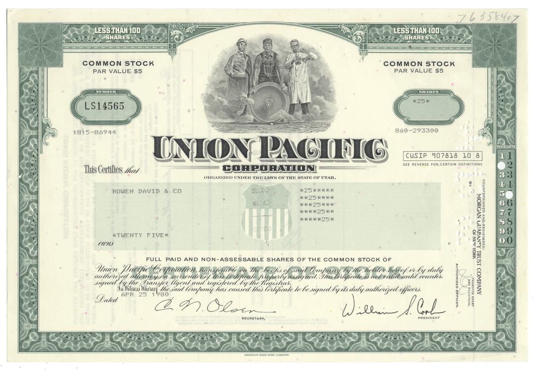 Union Pacific Corporation stock certificate with a vintage design from 1980