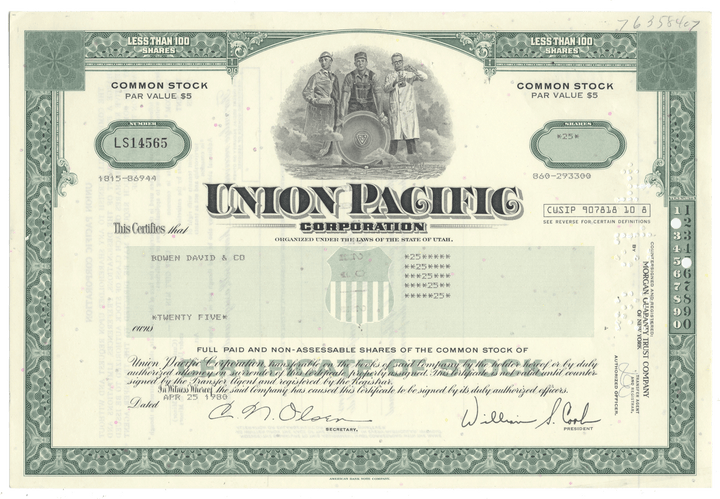 Union Pacific Corporation stock certificate with a vintage design from 1980