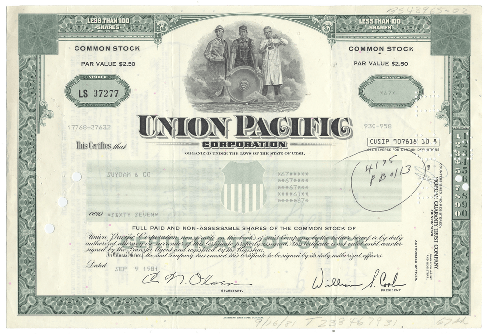 Union Pacific Corporation stock certificate with vintage design from 1981