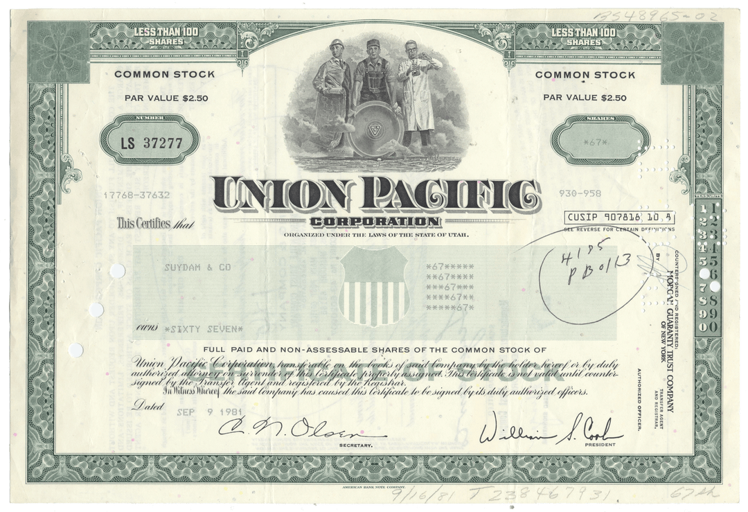 Union Pacific Corporation stock certificate with vintage design from 1981
