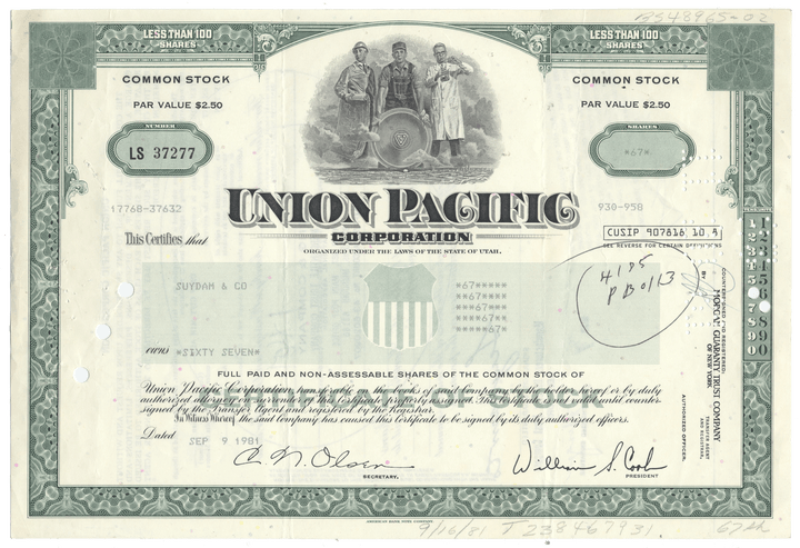 Union Pacific Corporation stock certificate with vintage design from 1981