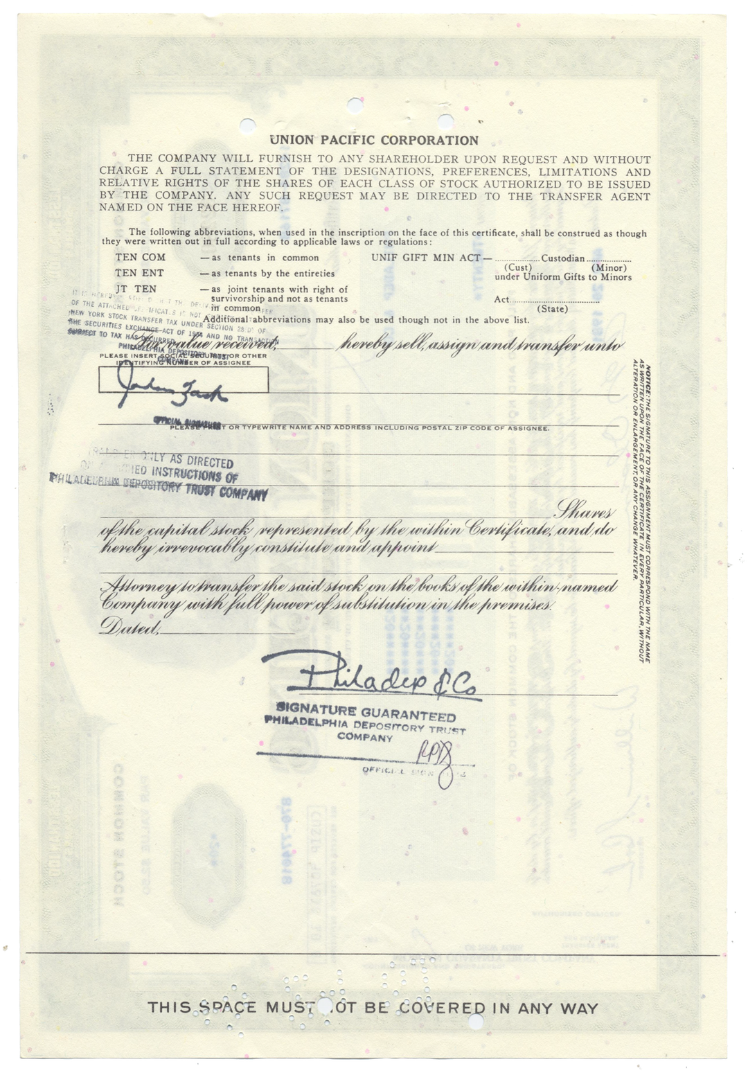 Union Pacific Corporation Stock Certificate