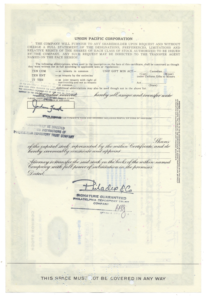 Union Pacific Corporation Stock Certificate