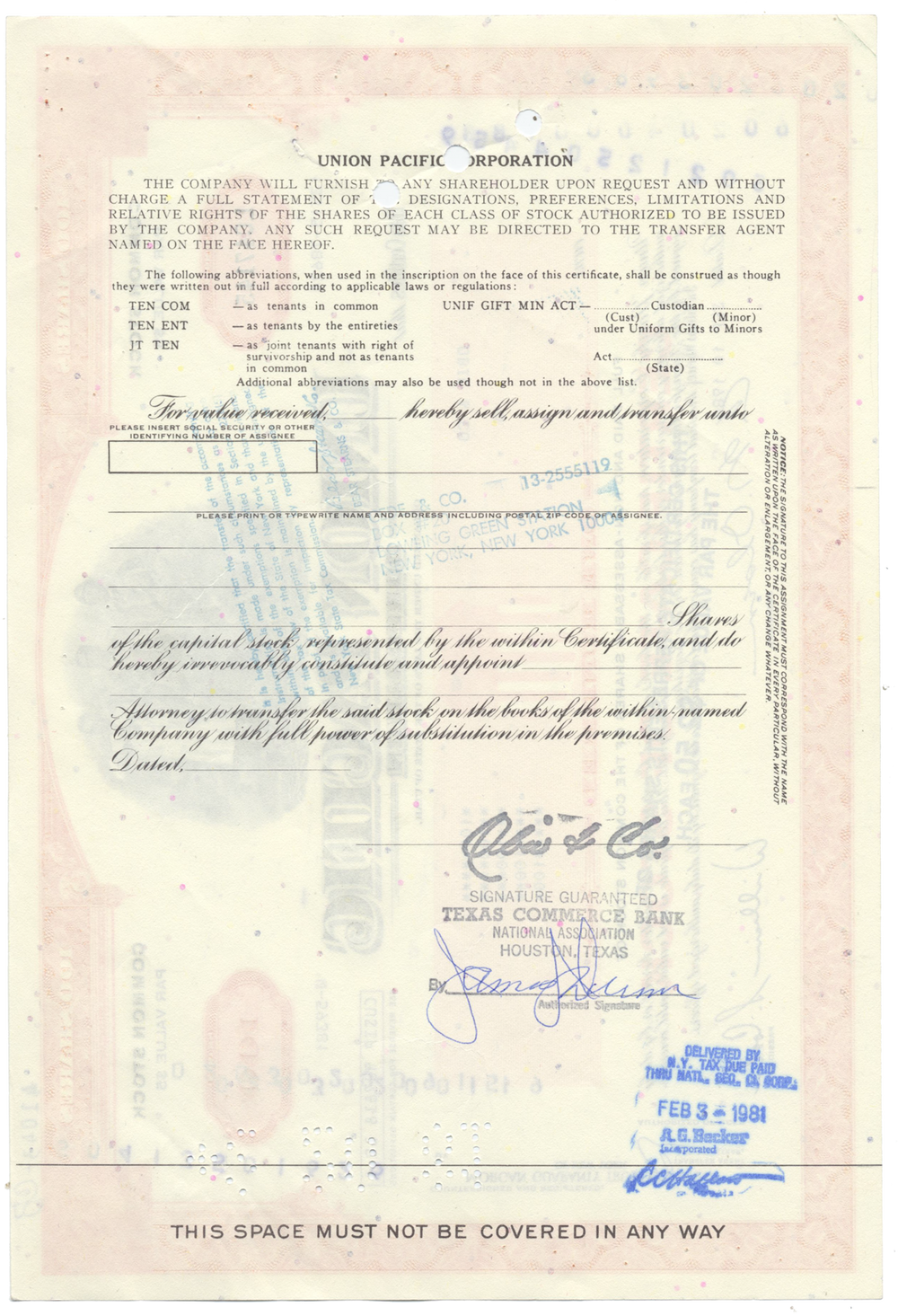 Union Pacific Corporation Stock Certificate