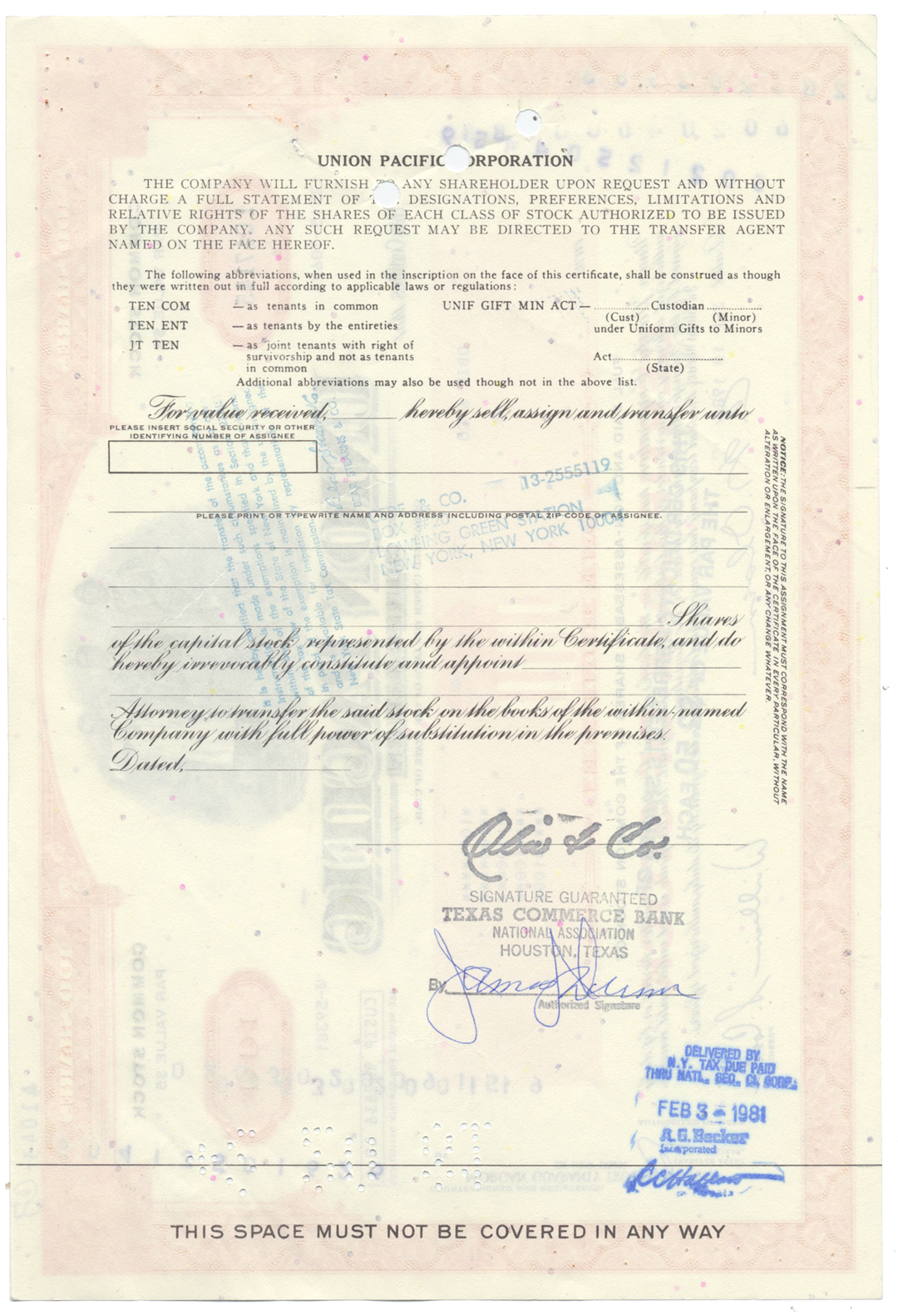 Union Pacific Corporation Stock Certificate