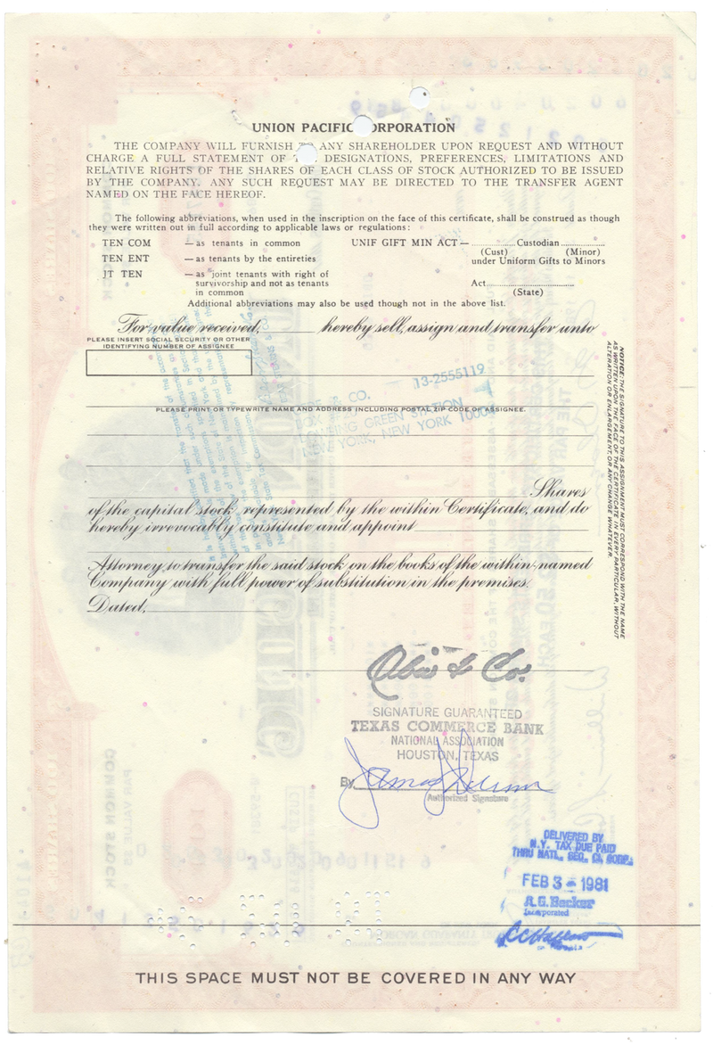 Union Pacific Corporation Stock Certificate
