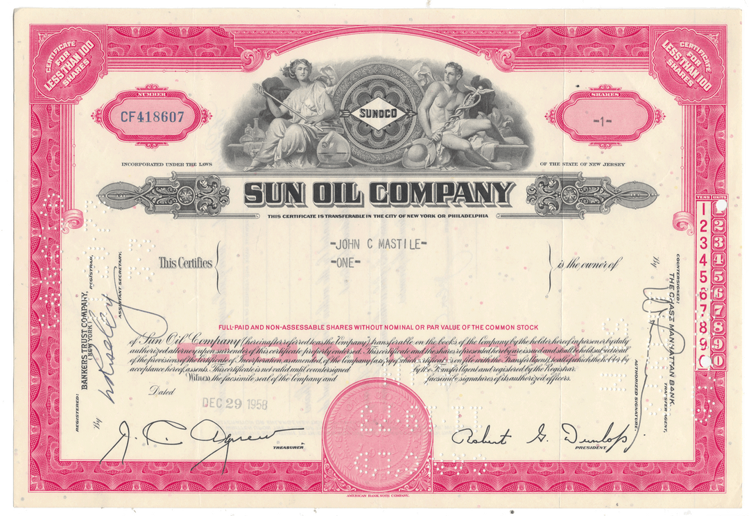 Vintage Sun Oil Company (SUNOCO) stock certificate from 1958