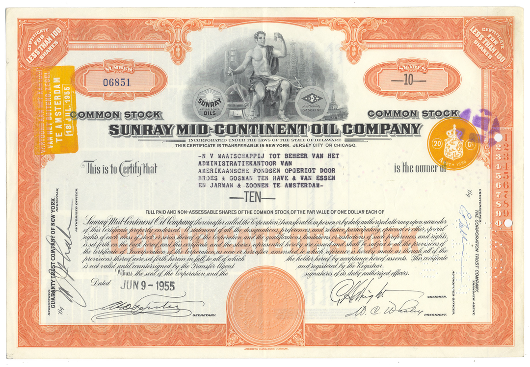 Sunray Mid-Continent Oil Company Stock Certificate