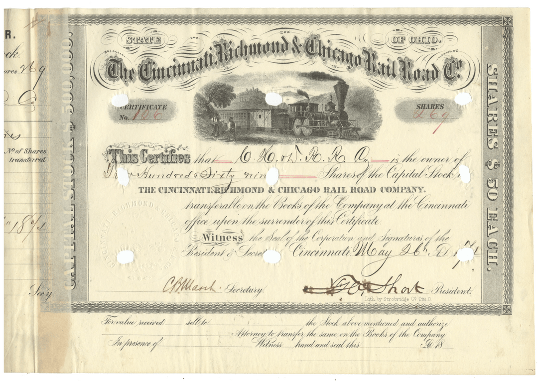 Vintage stock certificate from the Cincinnati, Richmond & Chicago Railroad Company from 1871
