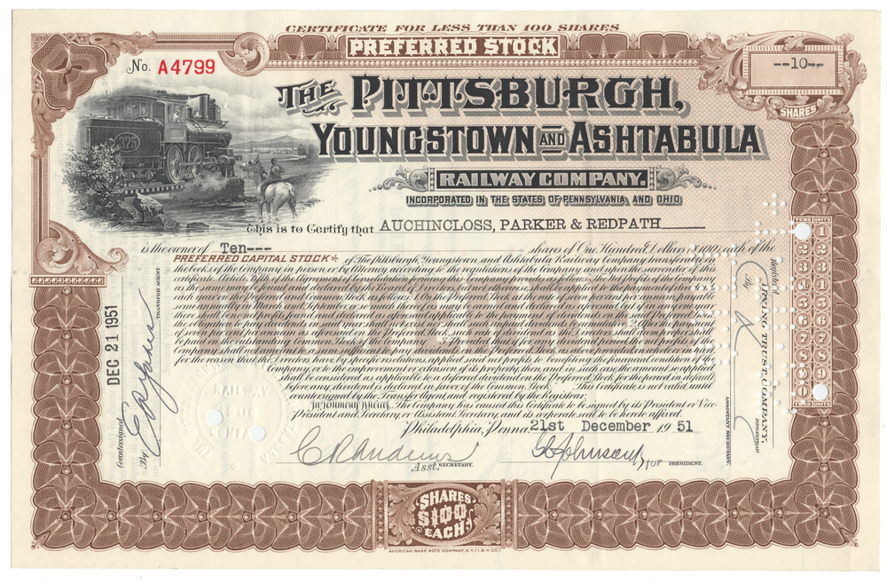 Pittsburgh, Youngstown & Ashtabula Railroad Company Stock Certificate