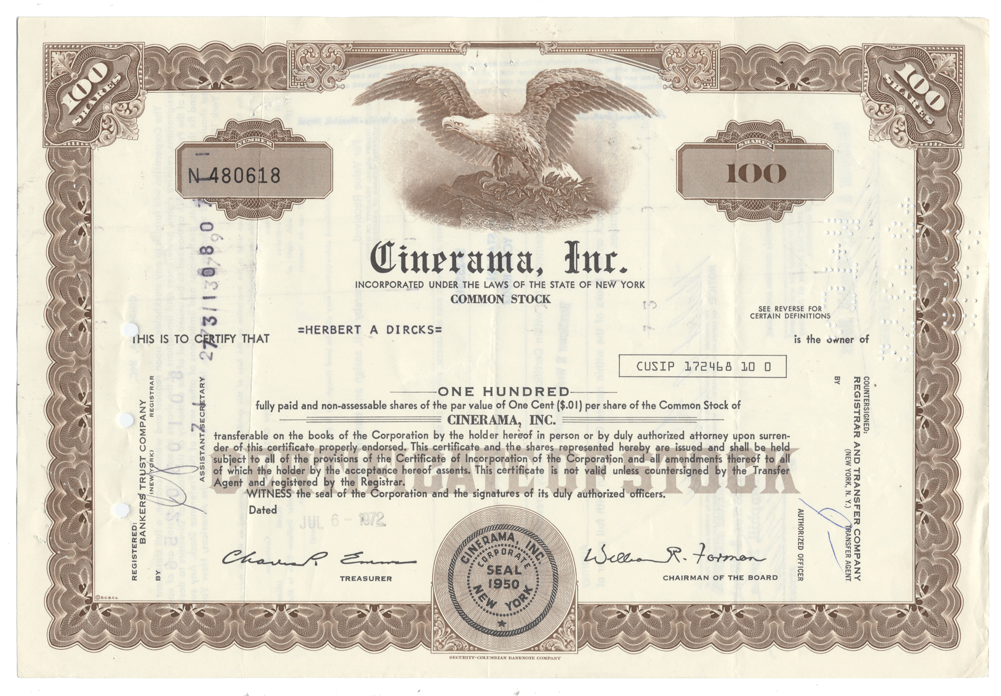 Cinerama, Inc. stock certificate from 1972