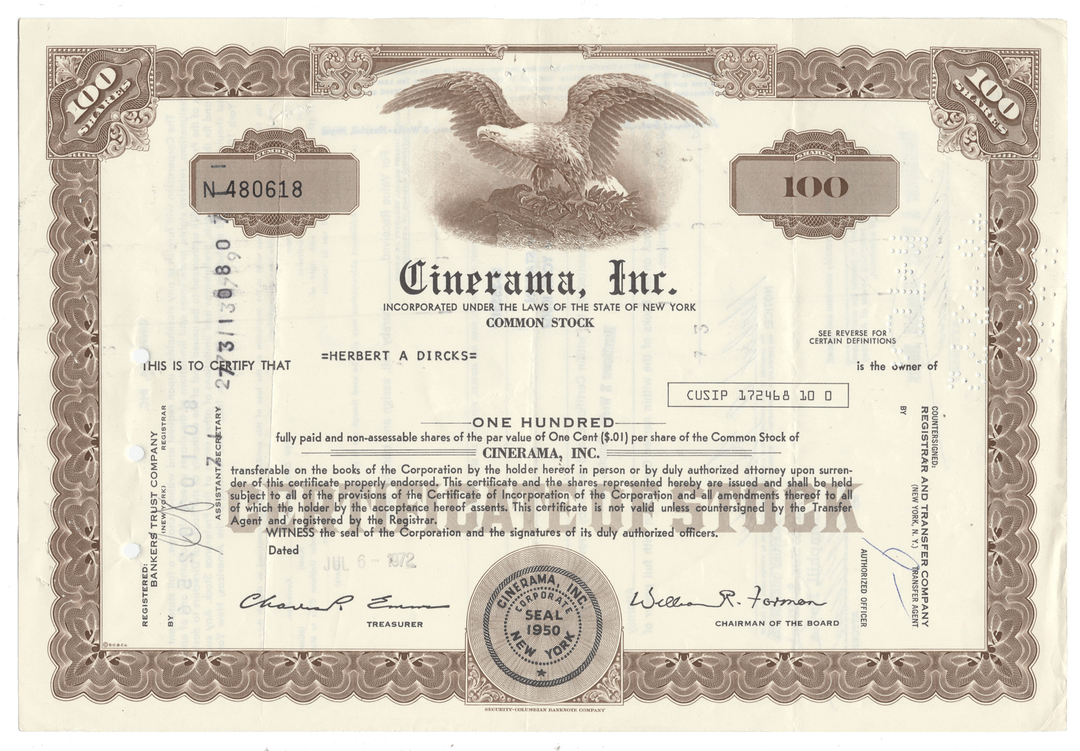 Cinerama, Inc. stock certificate from 1972
