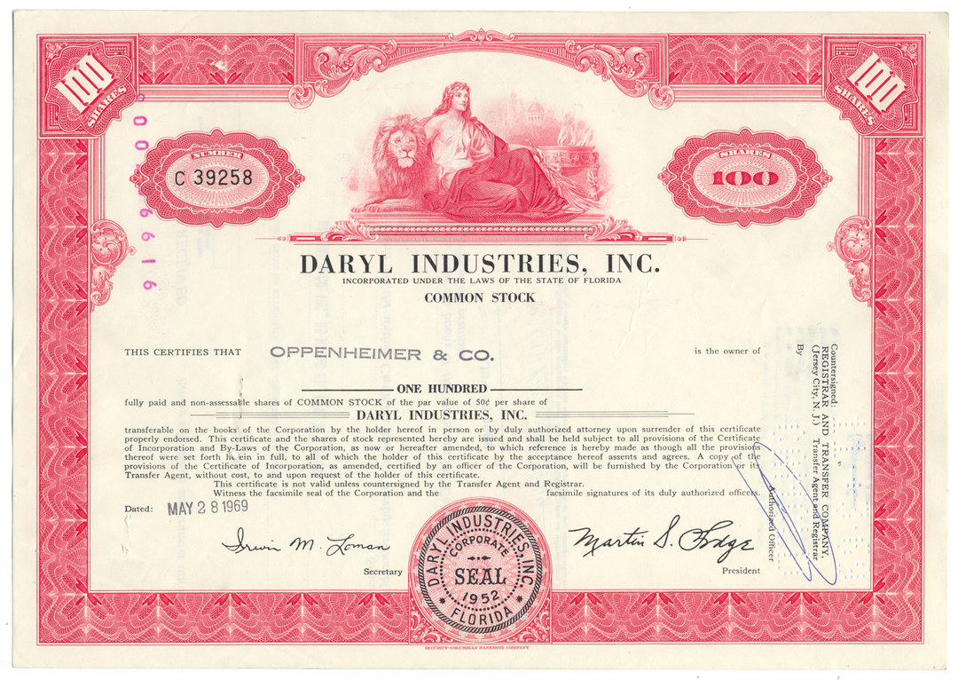 Daryl Industries, Inc. Stock Certificate