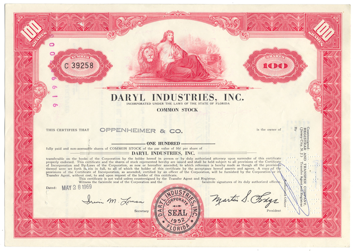 Daryl Industries, Inc. Stock Certificate