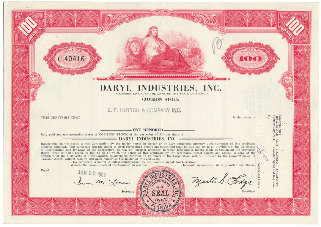 Daryl Industries, Inc. stock certificate with decorative border and seal.