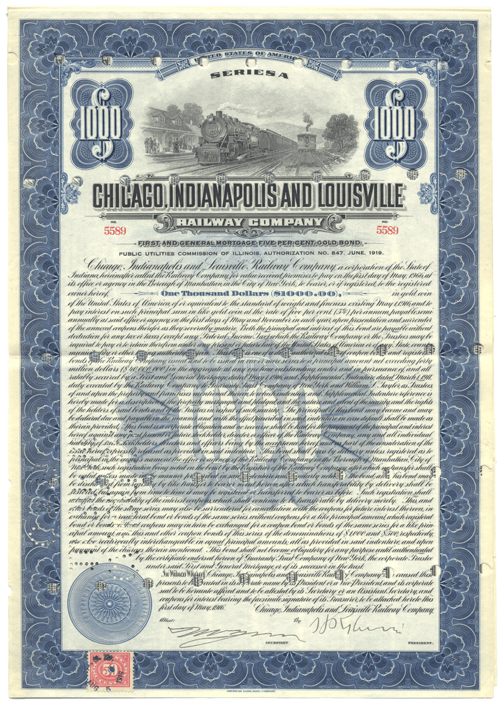 Chicago, Indianapolis and Louisville Railway Company Bond Certificate