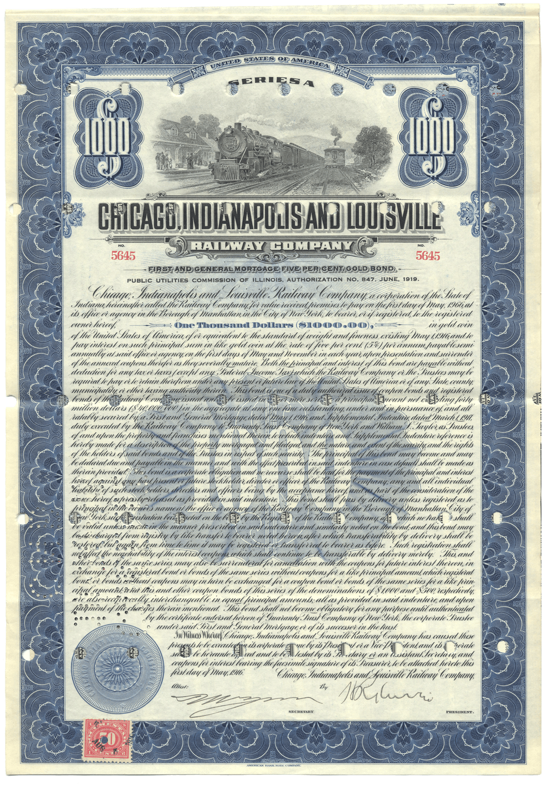Chicago, Indianapolis & Louisville Railwau Company Bond Certificate